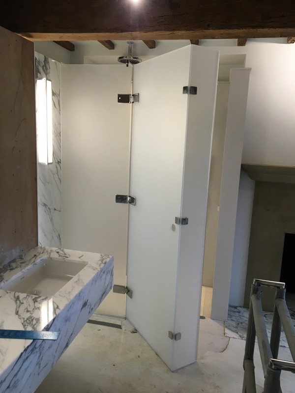 Bespoke frosted glass shower enclosure in Walthamstow luxury bathroom